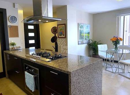 Modern kitchen with black cabinetry, granite countertop island, gas cooktop, stainless hood vent, and view to dining area with flowers.